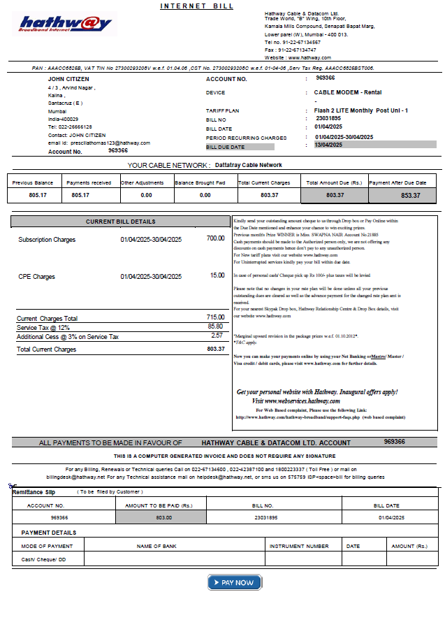 India Hathway Cable & Datacom utility bill template in Word and PDF formats
